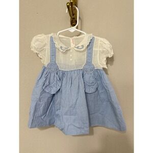 Yolande Dress Baby 6M Blue Gingham Vintage Handmade Lace Embroidered Pinafore